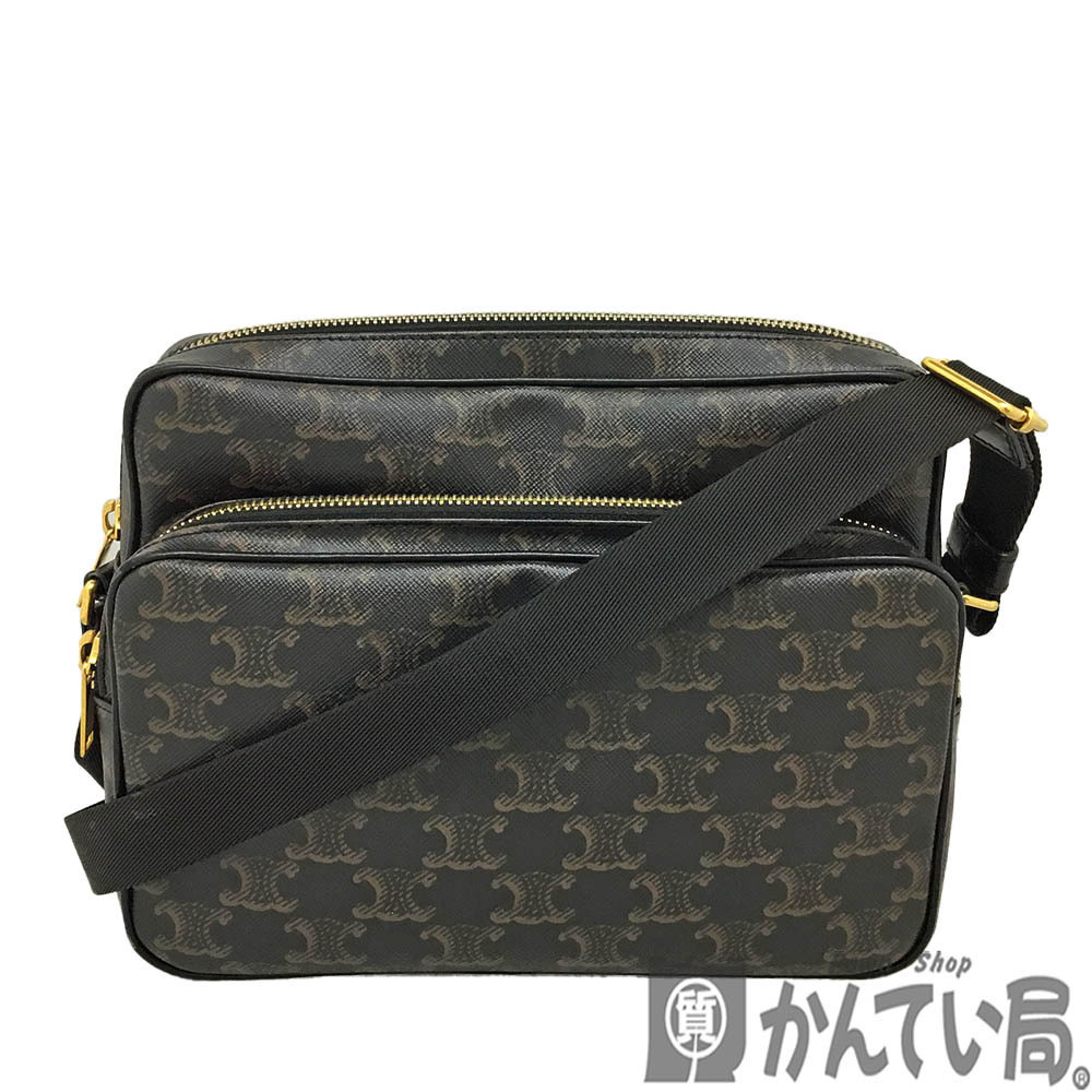 CELINE Shoulder bag Triomphe canvas Black Brown Leather Crossbody